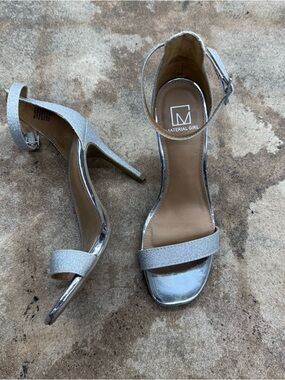 Material Girl Glitter Silver Open-Toe Ankle-Strap Heels